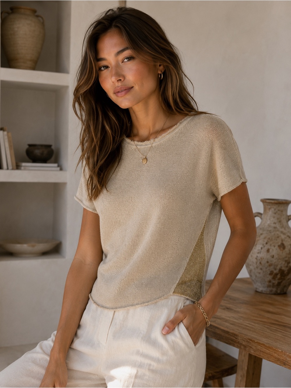 Stefanel Beige Short-Sleeve Knit Top Sweater S